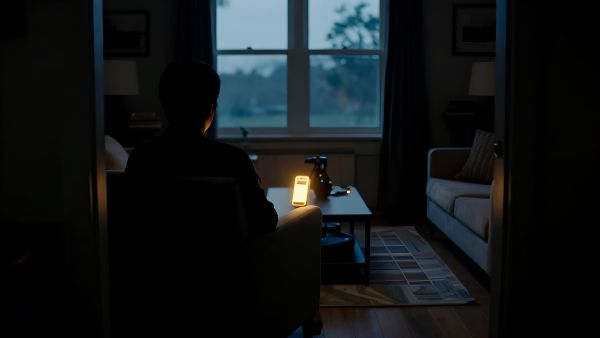 A man sits alone in a dim living room at dusk, facing the window, his phone glowing gold on the table beside him.